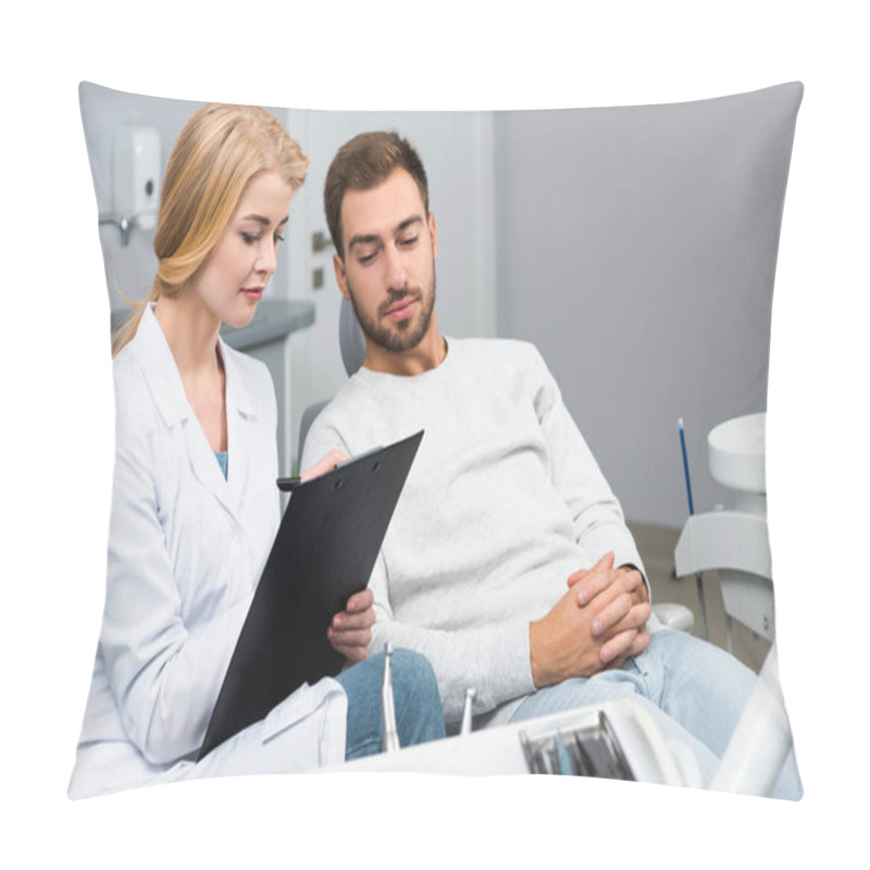 Personality  Beautiful Female Dentist With Clipboard And Client Sitting In Dentist Office Pillow Covers