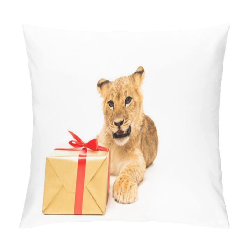 Personality  Cute Lion Cub Near Golden Gift With Red Ribbons Isolated On White Pillow Covers