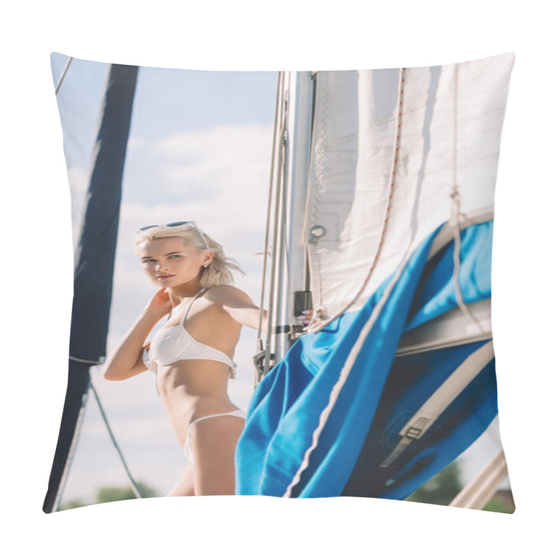 Personality  Beautiful Young Woman In Bikini Looking Away On Yacht  Pillow Covers