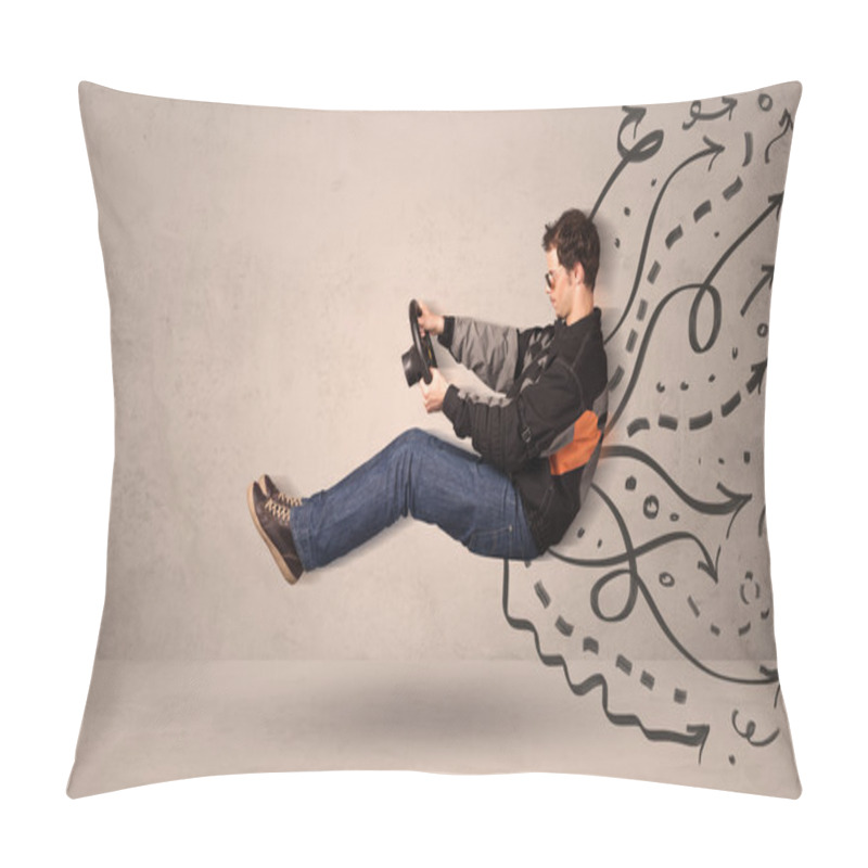 Personality  Funny Man Driving A Flying Vehicle With Hand Drawn Lines After H Pillow Covers