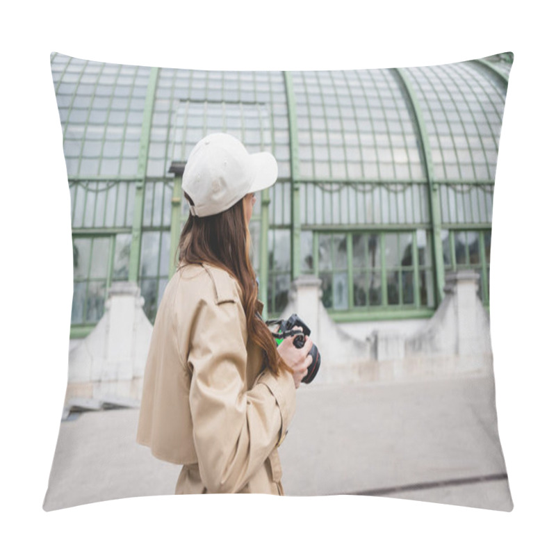 Personality  Young Photographer In Trench Coat And Baseball Cap Holding Digital Camera In European City Pillow Covers