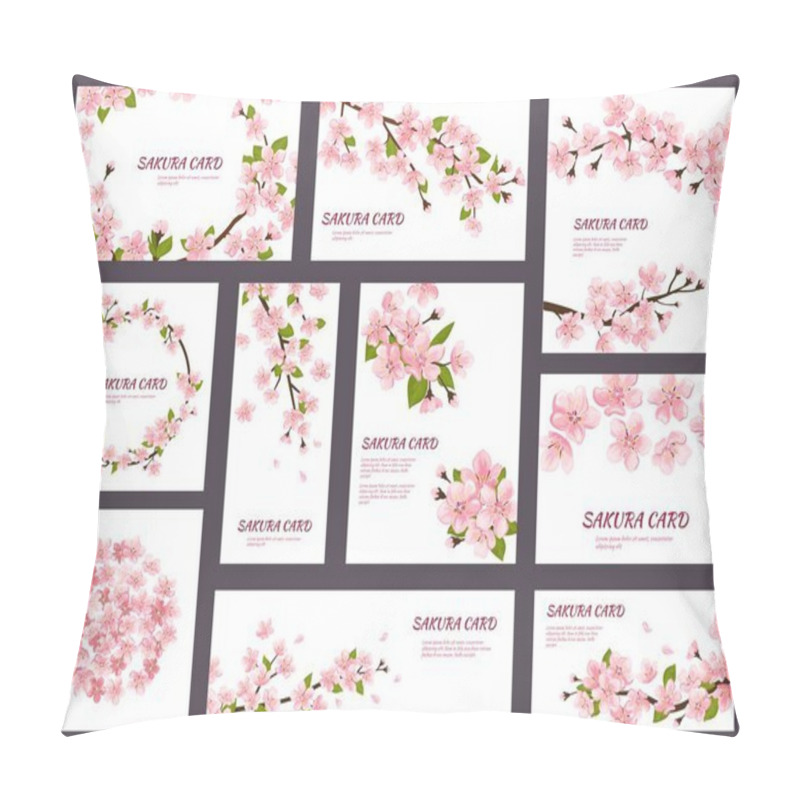 Personality  Sakura Vector Blossom Cherry Greeting Cards With Spring Pink Blooming Flowers Illustration Japanese Set Of Wedding Invitation Flowering Template Decoration Isolated On White Background Pillow Covers