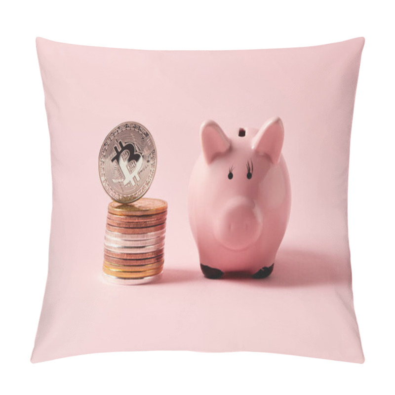 Personality  Stack Of Bitcoins And Piggy Bank On Pink Pillow Covers