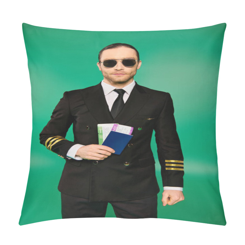 Personality  Handsome Pilot In A Suit And Sunglasses, Holding A Passport And Ticket. Pillow Covers