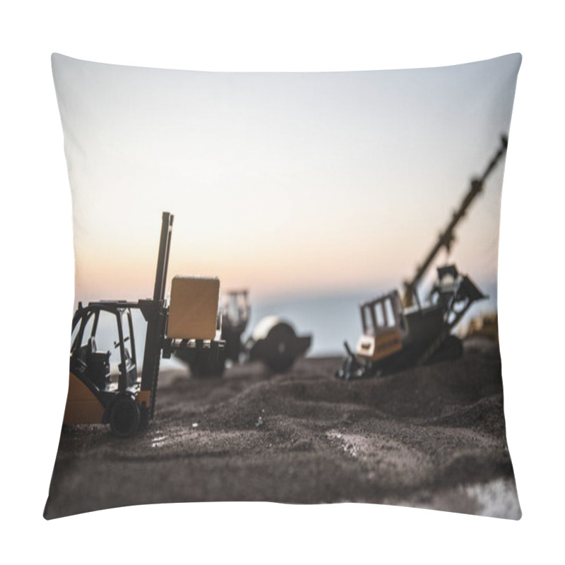 Personality  Abstract Industrial Background With Construction Crane Silhouette Over Amazing Sunset Sky. Mobile Crane Against The Evening Sky. Industrial Skyline. Selective Focus Pillow Covers