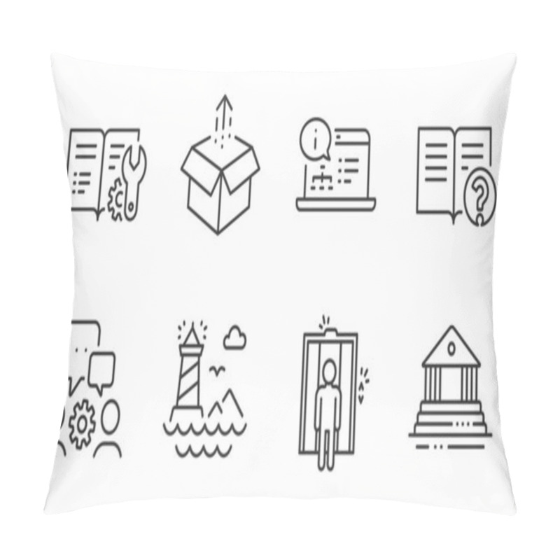 Personality  Online Documentation, Elevator And Help Line Icons Set. Lighthouse, Court Building And Engineering Team Signs. Send Box, Engineering Documentation Symbols. Quality Line Icons. Vector Pillow Covers