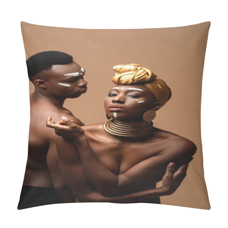 Personality  Sexy Naked Tribal Afro Couple Posing Isolated On Beige Pillow Covers