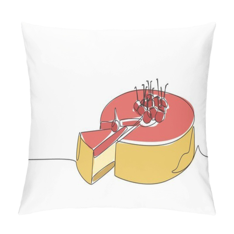 Personality  Single Continuous Line Drawing Delicious Cherry Cheesecake Slice. Served For Celebration. Enjoy Deliciousness Of The Cake Together. National Cherry Cheesecake Day. One Line Design Vector Illustration Pillow Covers