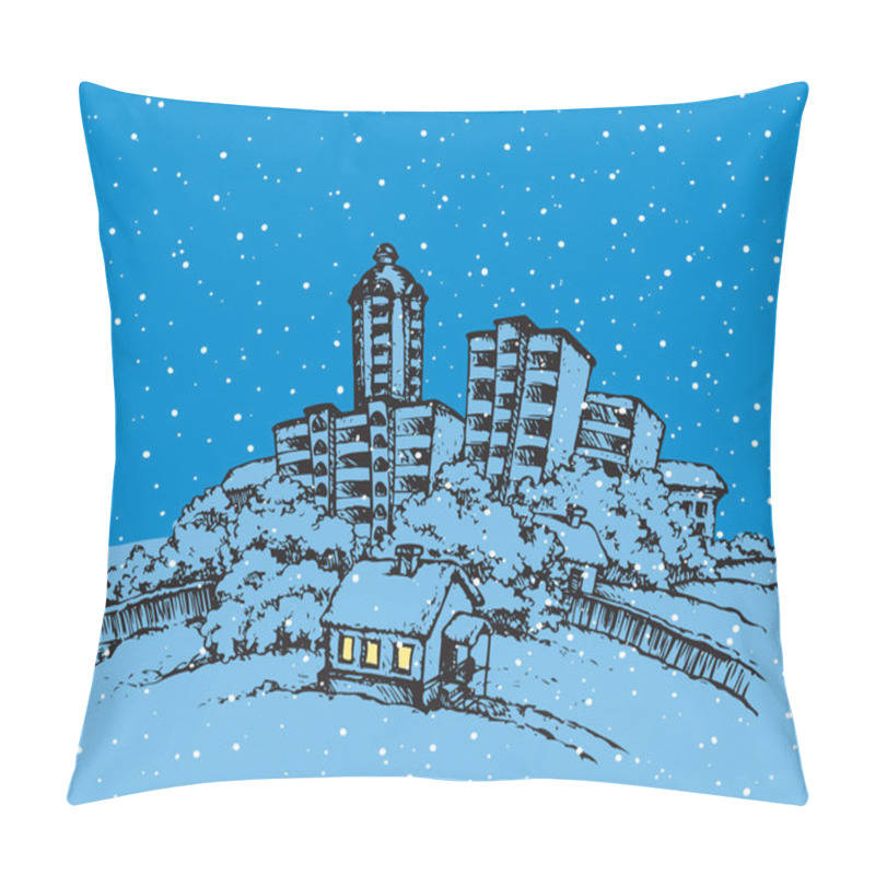 Personality  The Village In Winter. Vector Drawing Pillow Covers