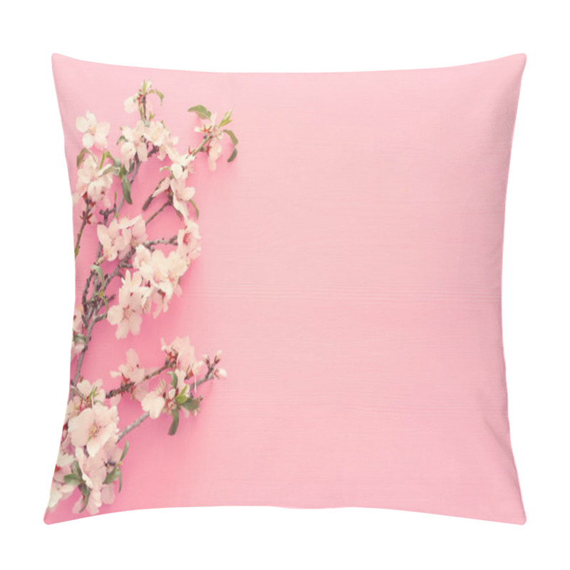 Personality  Photo Of Spring White Cherry Blossom Tree On Pastel Pink Wooden Background. View From Above, Flat Lay Pillow Covers