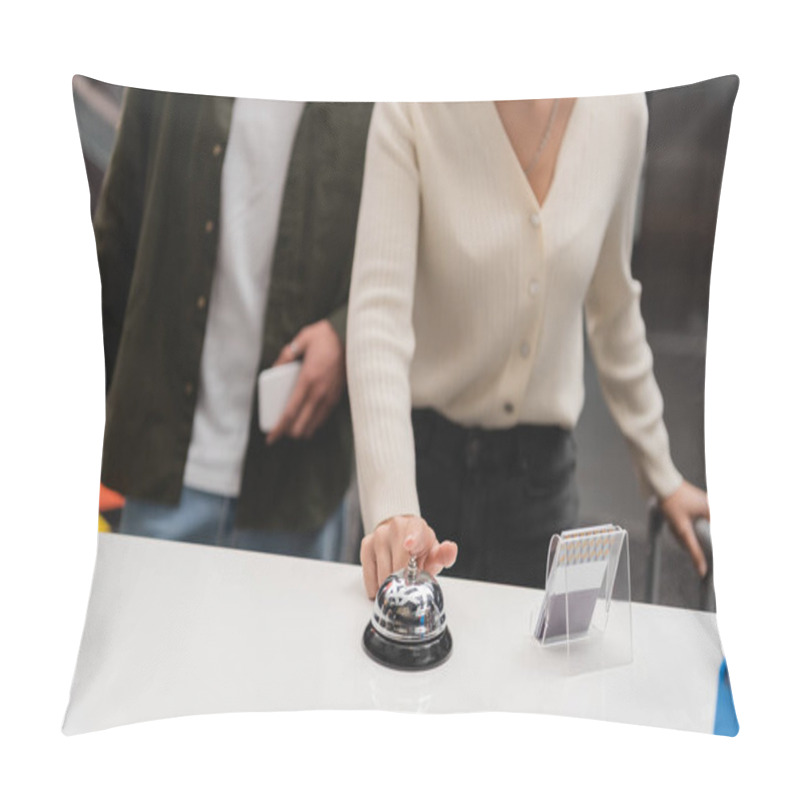 Personality  Partial View Of Woman Ringing Service Bell On Reception Near Blurred Boyfriend With Smartphone In Hotel Pillow Covers