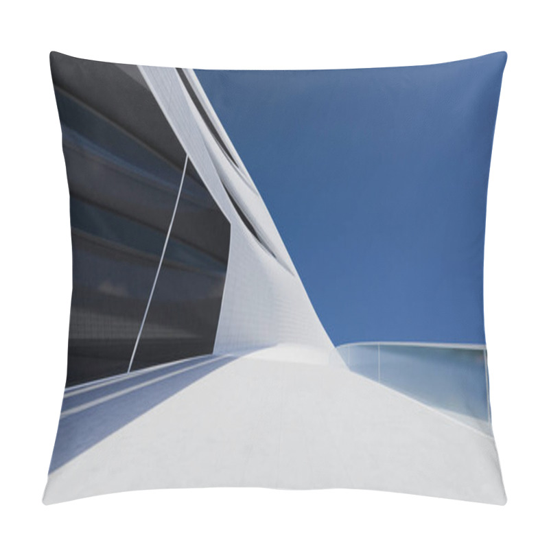 Personality  Abstract Architecture Exterior With Futuristic Streamlined Design. Daytime Scene. 3D Rendering Pillow Covers