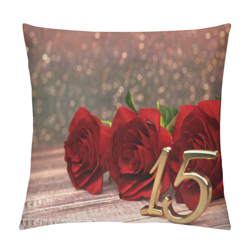 Personality  Birthday Concept With Red Roses On Wooden Desk. Fifteenth. 15th. 3D Render Pillow Covers