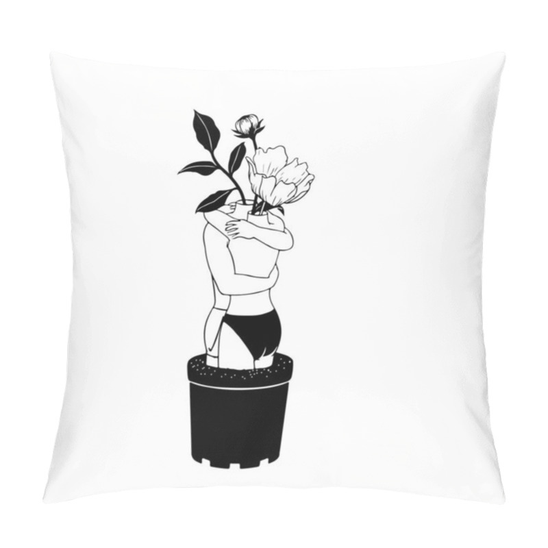 Personality  The Human-shaped Plant In The Pot, Couple Hugging In The Plant Pot, Vector Illustration  Pillow Covers