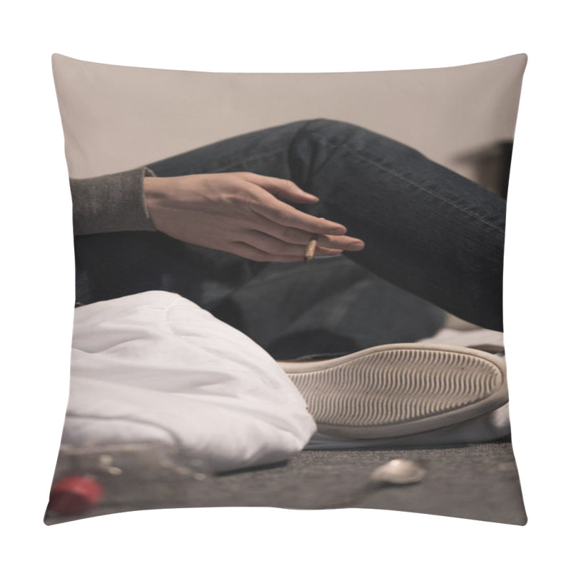 Personality  Selective Focus Of Junkie Man Holding Rolled Marijuana Cigarette  Pillow Covers