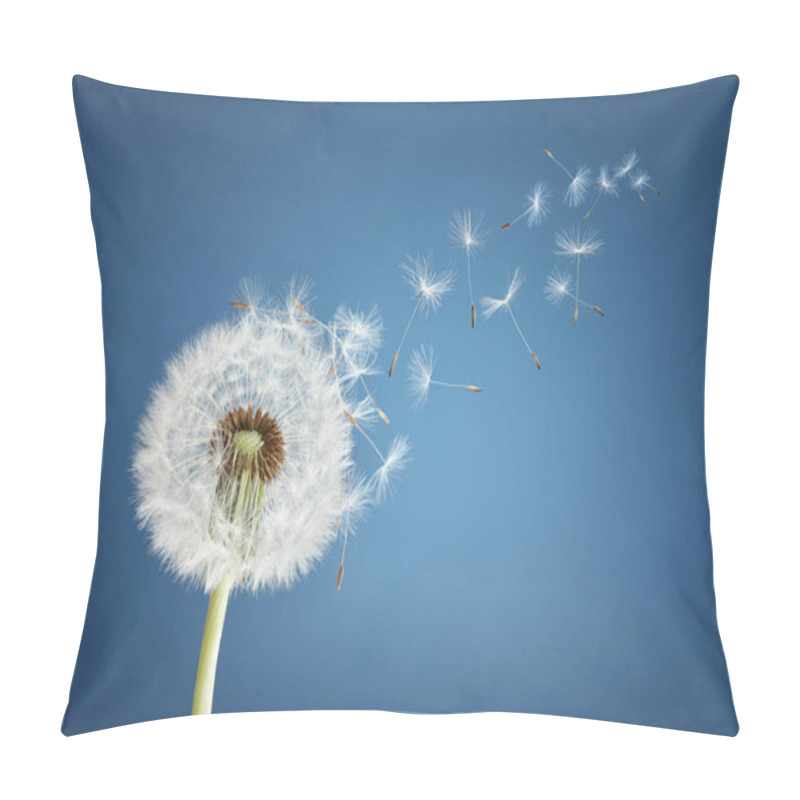 Personality  Dandelion With Seeds Blowing Away In The Wind Across A Clear Blue Sky With Copy Space Pillow Covers