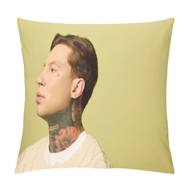 Personality  A Young Man With Distinctive Tattoos Showcases His Profile Against A Soothing Green Wall. Pillow Covers