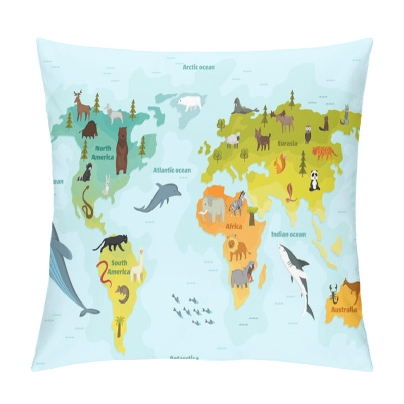 Personality  World Map With Different Animal. Funny Cartoon Banner For Children With The Continents, Oceans And Lot Of Funny Animals. Materials For Kids Preschool Education Pillow Covers