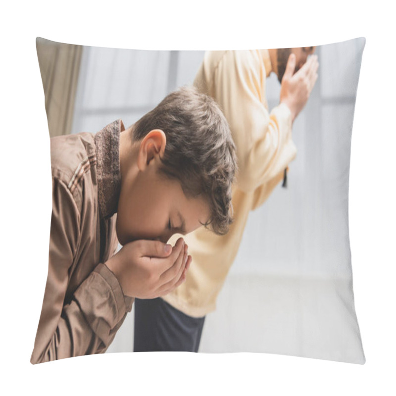 Personality  Side View Of Muslim Kid Praying Near Blurred Father During Salah Pillow Covers