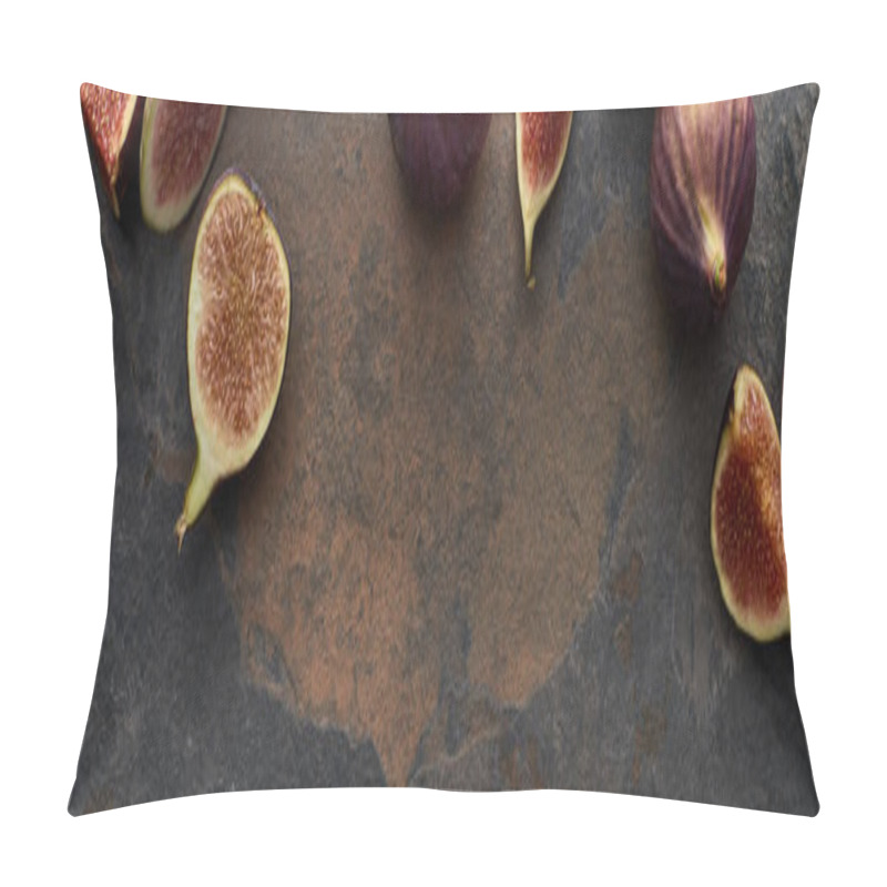 Personality  Panoramic Shot Of Ripe Fresh Whole And Cut Figs On Stone Textured Background Pillow Covers