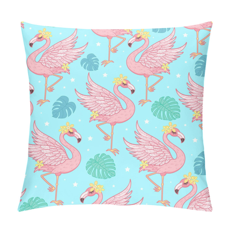 Personality  Pink Flamingo And Monstera Leaves On Blue Background. Seamless Pattern. For Kids Fabric Design, Wallpaper, Backdrops, Wrapping Paper, Prints Etc. Vector Pillow Covers