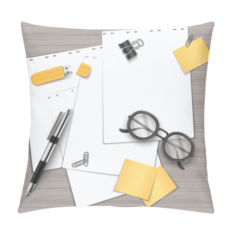 Personality  Office Supplies Including Blank Papers, A Pen, USB Drive, Binder Clip, Paper Clips, Sticky Notes, And Glasses On A Wooden Desk. Pillow Covers