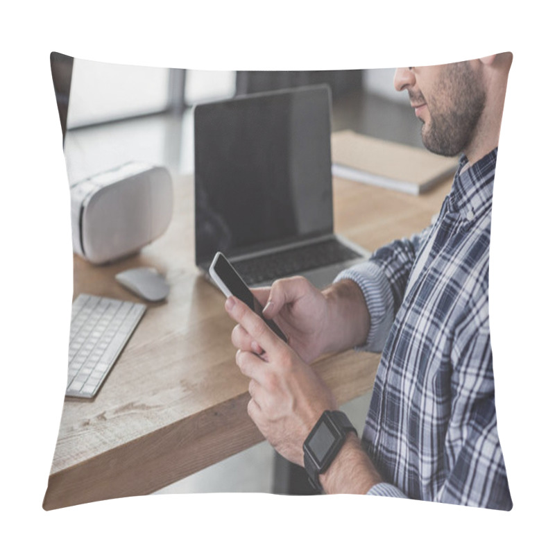 Personality  Cropped Shot Of Smiling Man Using Smartphone While Sitting At Workplace Pillow Covers