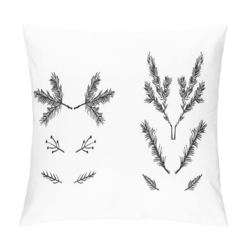 Personality  Hand Drawn Vector Merry Christmas Rough Freehand Graphic Greeting Design Elements Collection Set With Ink Scandinavian Christmas Tree Branches Isolated On White Background Pillow Covers