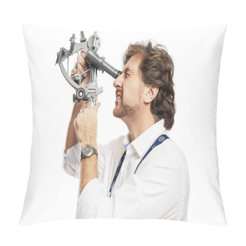 Personality  Lovely Smiling Captain With A Sextant. White Background.  Pillow Covers