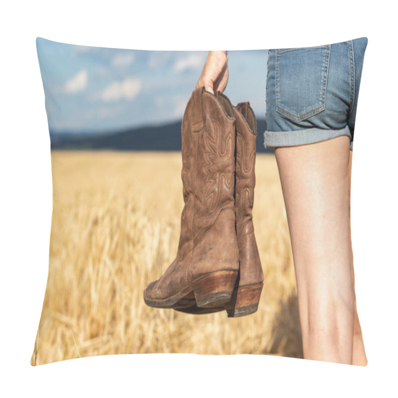 Personality  Woman Holding Cowboy Boots In Field. Cowgirl Walking In Countryside. Worn Leather Riding Boot Pillow Covers