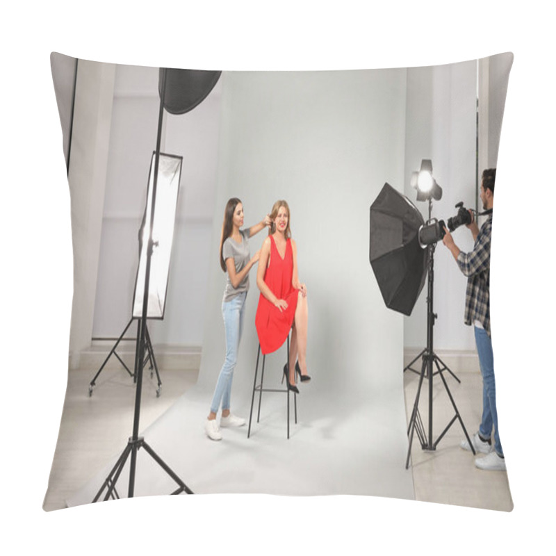 Personality  Professional Photographer And Assistant Working With Model In Modern Studio Pillow Covers