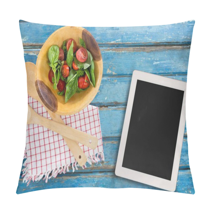 Personality  Tablet On Blue Wooden Desk With Food 3d Pillow Covers