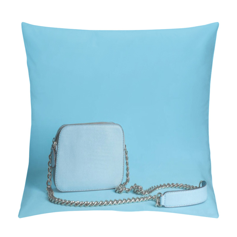 Personality  Stylish Woman's Bag On Light Blue Background Pillow Covers