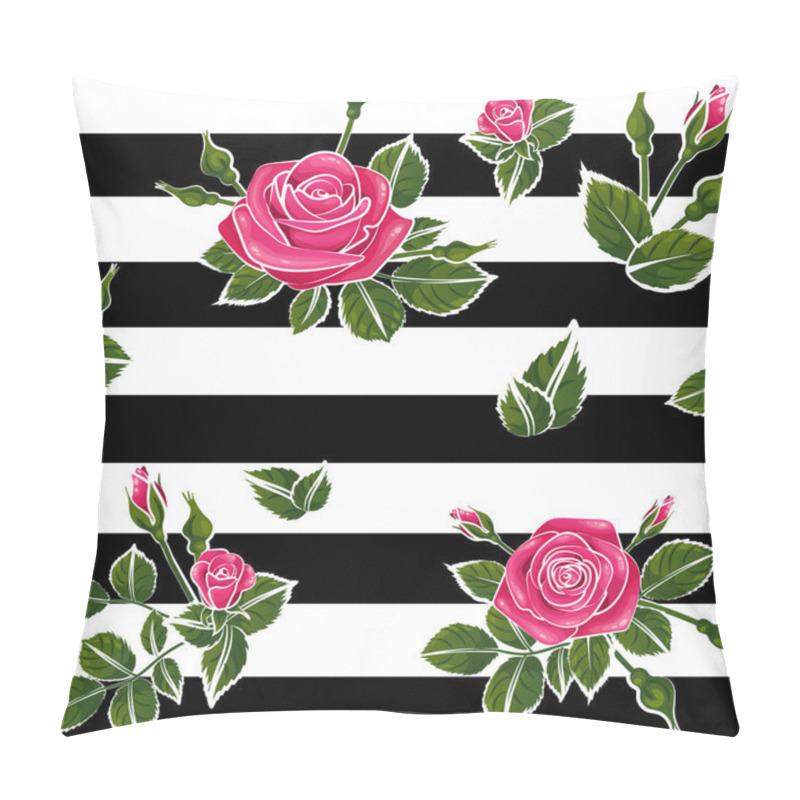 Personality  Red Roses Pattern Seamless Stripes With Green Leafs Black And White Lines, Vector Repeat Tile Pillow Covers