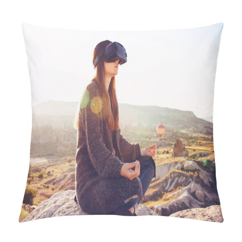 Personality  Woman With Glasses Of Virtual Reality. Future Technology Concept. Modern Imaging Technology. Pillow Covers