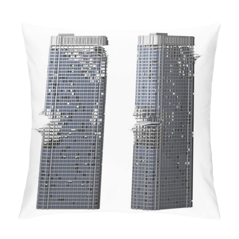 Personality  Destroyed Skyscraper Building Isolated On White. 3d Rendering Pillow Covers