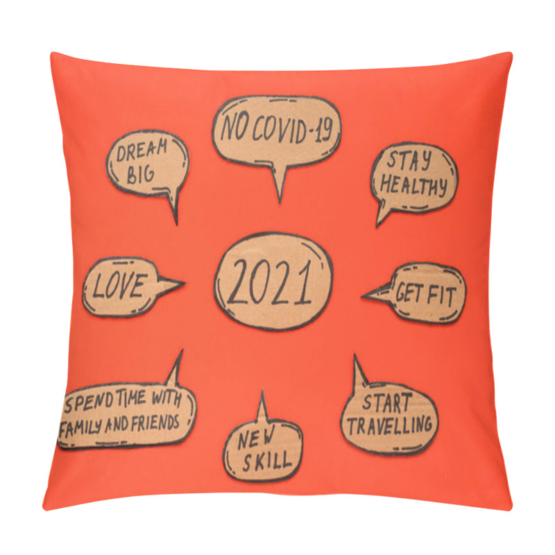 Personality  2021 New Year Wishes, Such As No Covid-19, Stay Healthy, Get Fit, Start Traveling, New Skill, Time With Family And Friends, Love, Dream Big Written On Cartoon Bubbleson Red Background. Pillow Covers