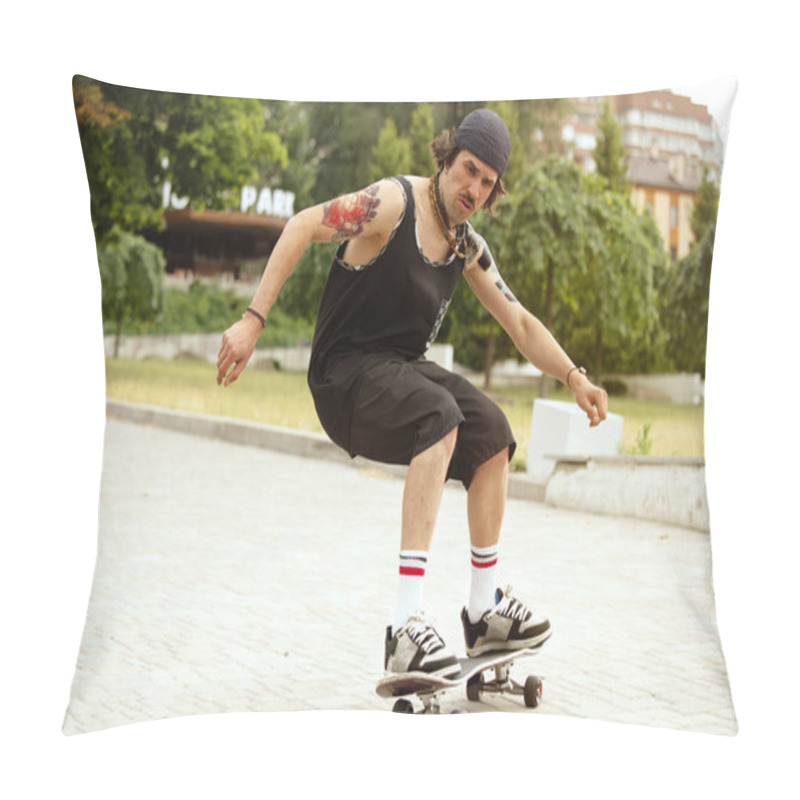 Personality  Skateboarder Doing A Trick At The Citys Street In Cloudly Day Pillow Covers