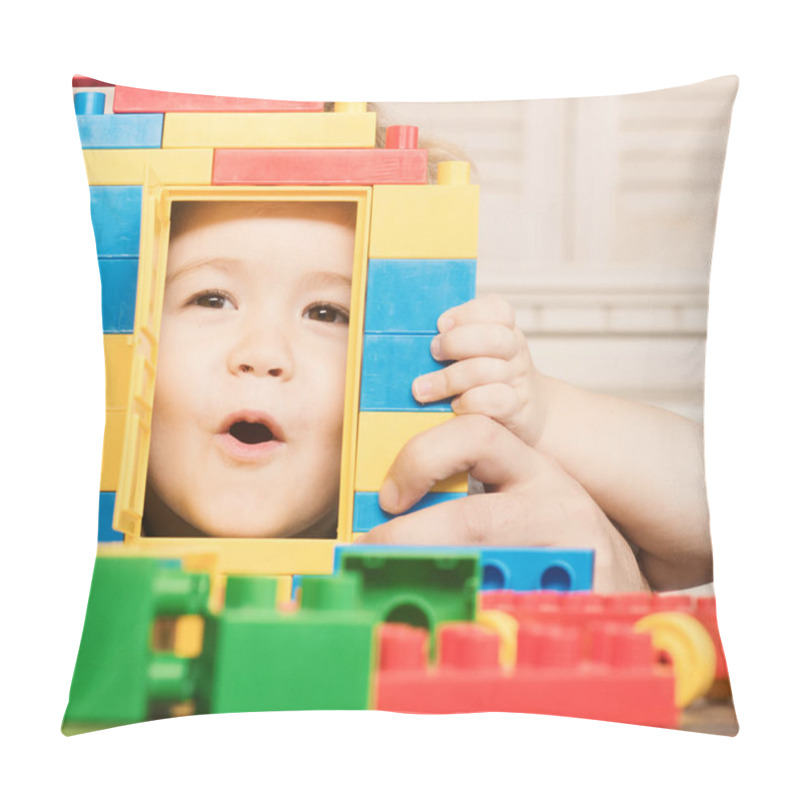 Personality  Child Plays With Construction Bricks. Boy Holds Toy House Pillow Covers