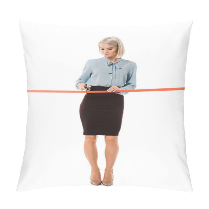 Personality  Beautiful Businesswoman Cutting Red Ribbon With Scissors For Grand Opening, Isolated On White Pillow Covers