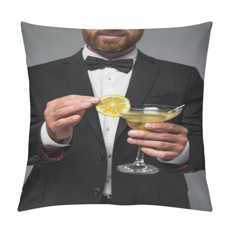 Personality  Cropped View Of Bearded Man In Suit Holding Glass With Cocktail Isolated On Grey Pillow Covers