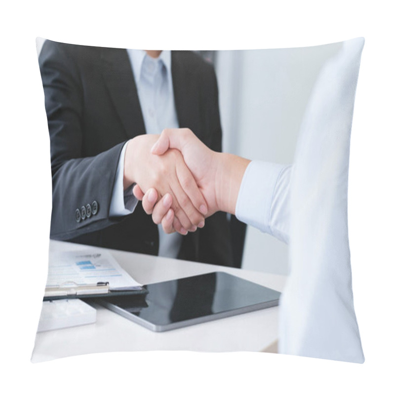 Personality  Close-up Of A Professional Handshake Between Colleagues Sealing A Business Deal, With Work Documents And Tablet In Background. Pillow Covers