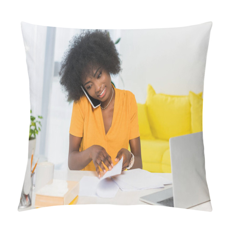 Personality  Portrait Of Smiling African American Freelancer Talking On Smartphone While Working At Home Pillow Covers