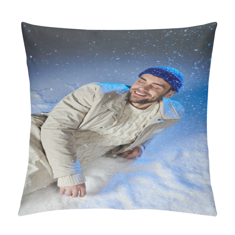 Personality  A Young Man Laughs As He Relaxes In The Snow, Surrounded By A Winter Wonderland Vibe. Pillow Covers