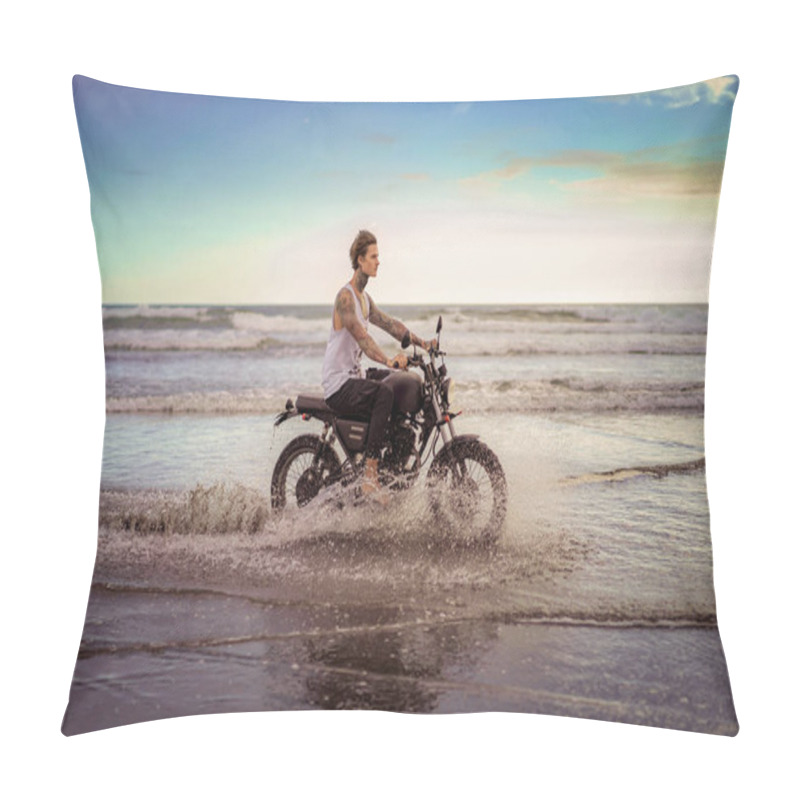 Personality  Side View Of Handsome Tattooed Man Riding Motorcycle In Ocean Waves On Beach Pillow Covers