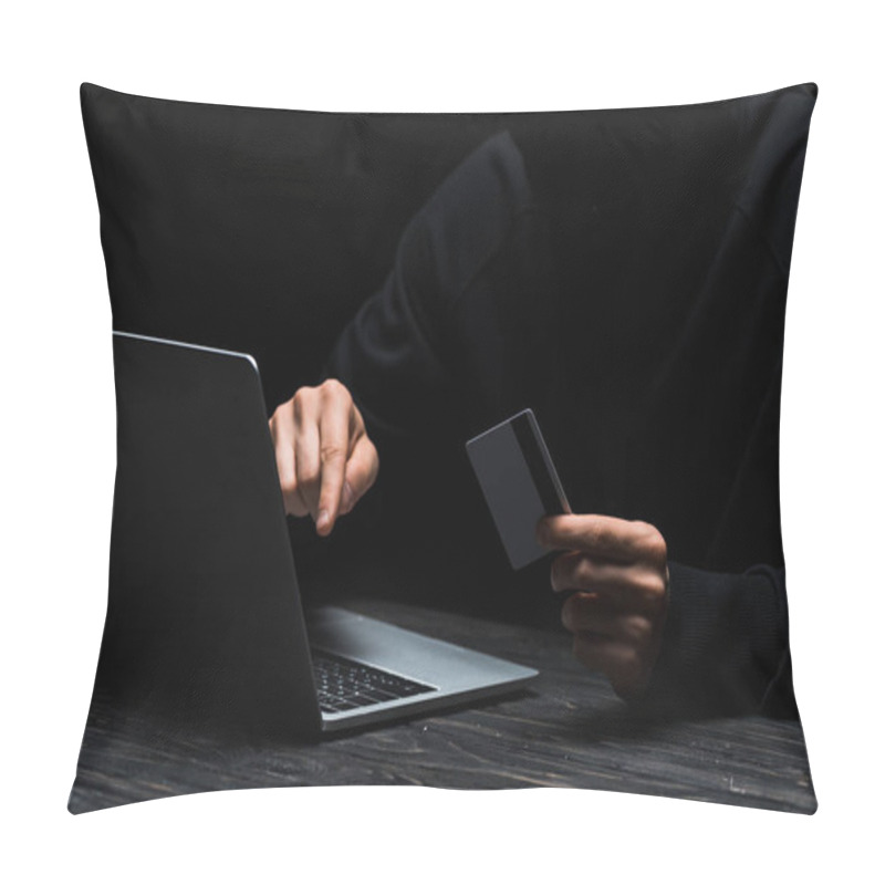 Personality  Cropped View Of Hacker Using Laptop While Holding Credit Card Isolated On Black  Pillow Covers