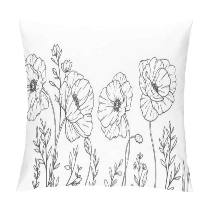 Personality  Floral Frames Line Art, Fine Line Poppy Frames Hand Drawn Illustration. Outline Leaves And Flowers.  Pillow Covers