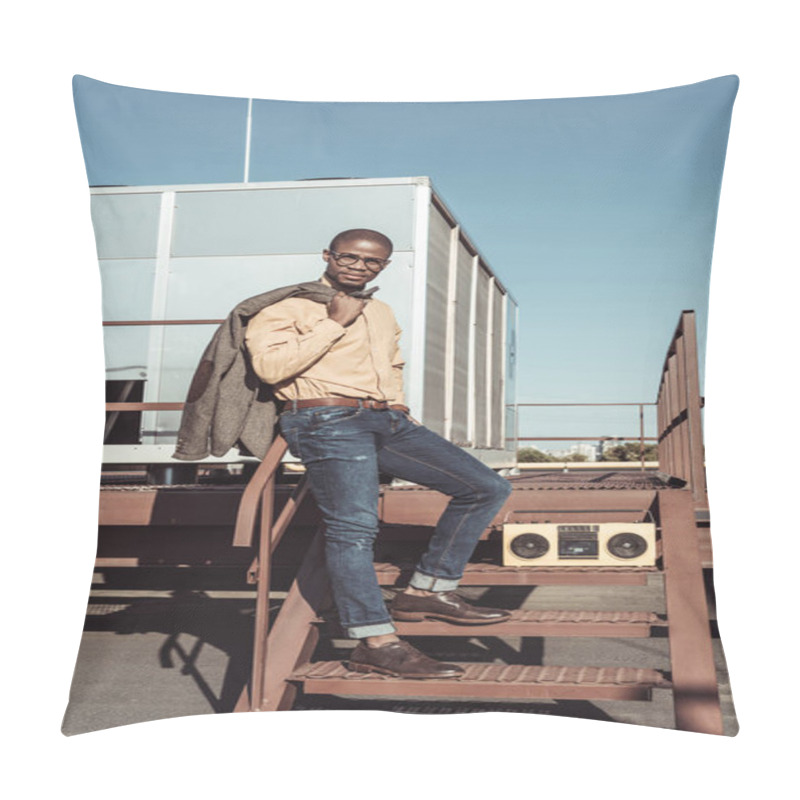 Personality  Stylish Man Posing On Stairs Pillow Covers