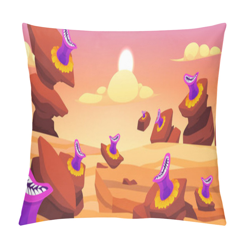 Personality  Fantasy Planet Sunny Landscape With Monster Plant With Trap. Cartoon Magic Dangerous Flowers Predator With Mouth, Teeth And Tongue Sticking Out. Alien Creature On Desert Surface With Rocks Flat Vector Pillow Covers