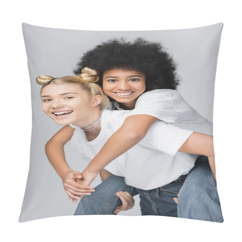 Personality  Cheerful African American Teenage Girl In White T-shirt And Jeans Piggybacking On Blonde Friend And Having Fun Isolated On Grey, Energetic Teenage Models Spending Time, Friendship And Companionship Pillow Covers